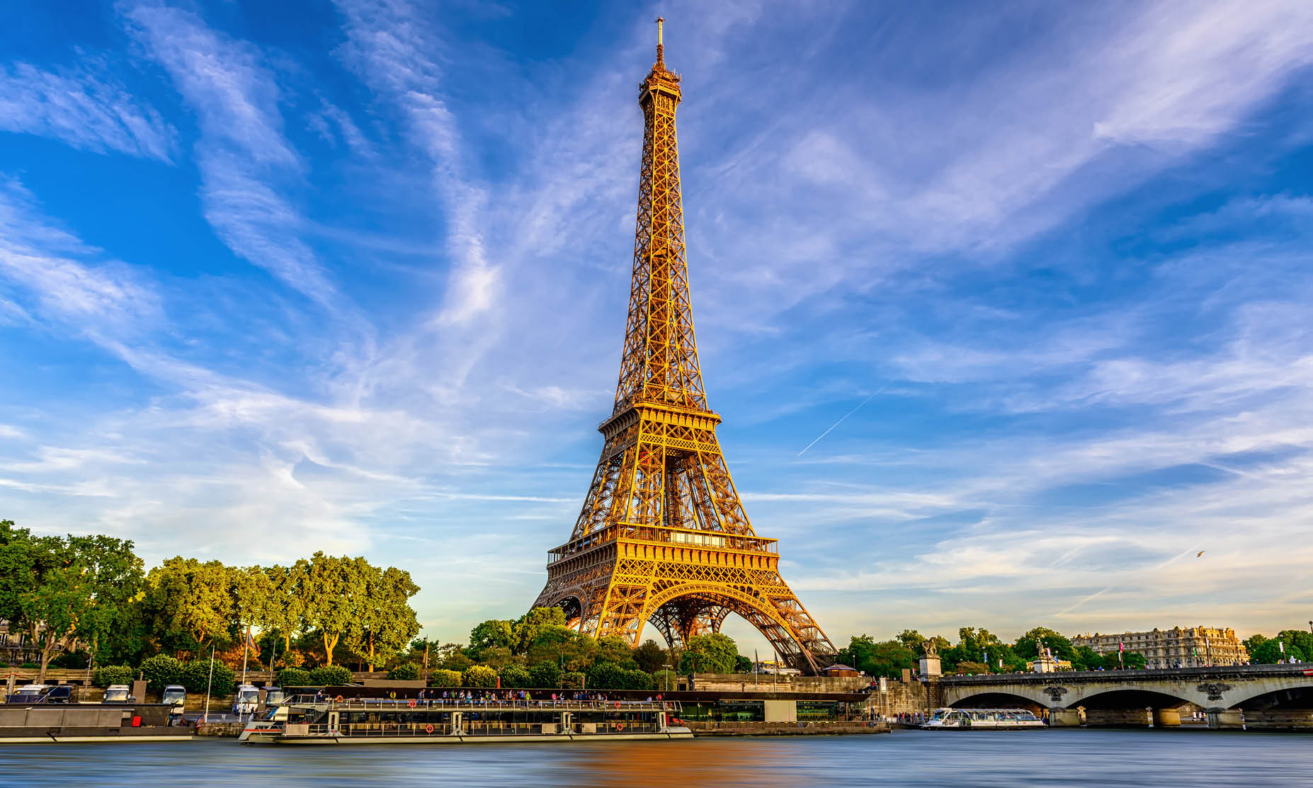 The Eiffel Tower, in Paris, France, is a 300m wrought-iron lattice tower on the Champ de Mars.