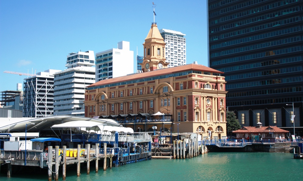 The Auckland Ferry Terminal is at the north end of Queen Street, near the Britomart Centre.