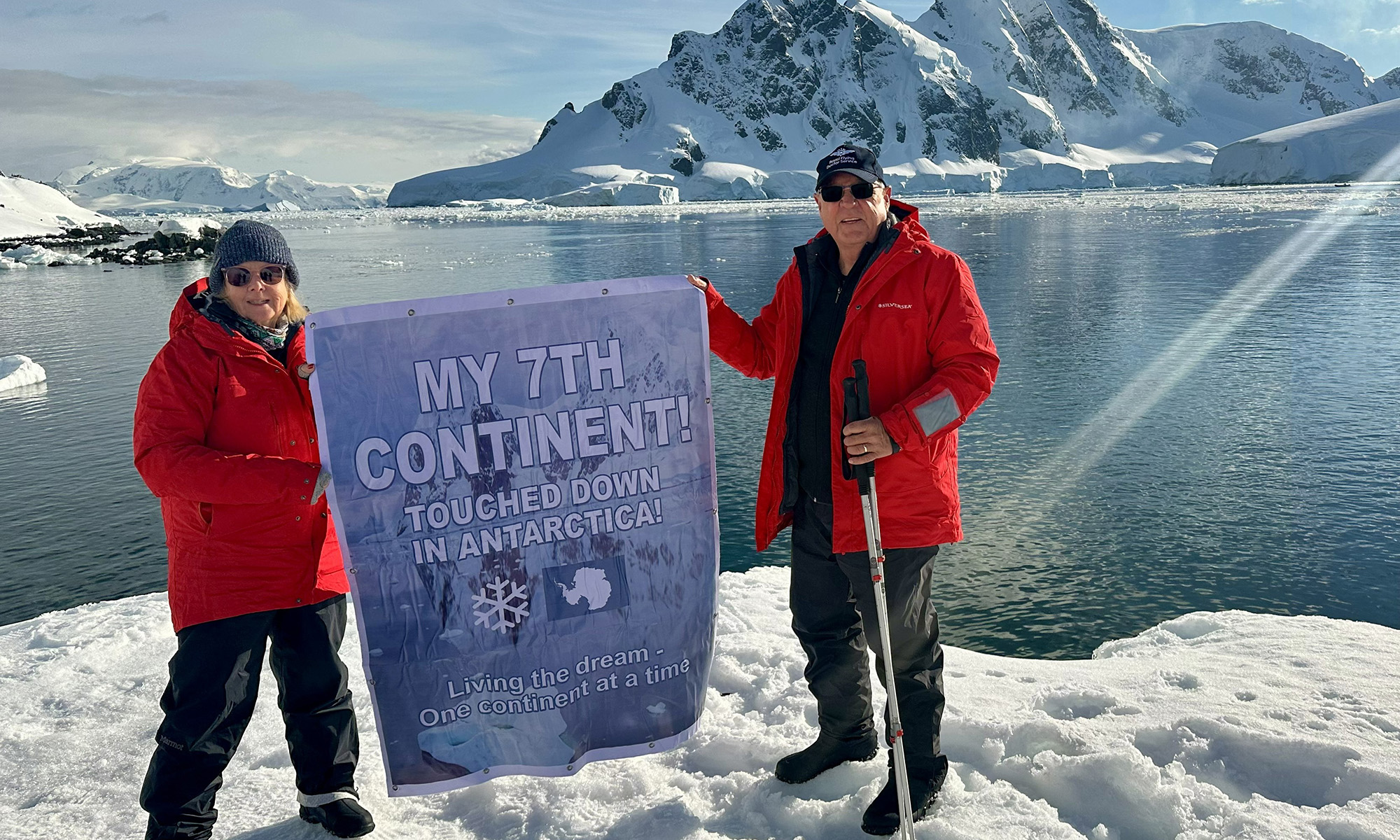 Travellers Ann and Grant exploring Antarctica.