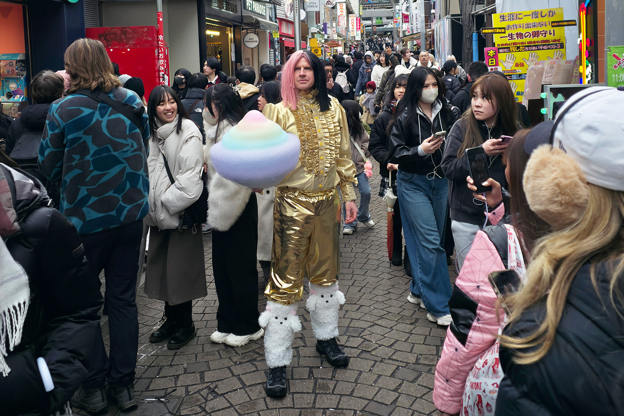 Channel 7's Sam Mac trying the fashions in Harajuku, Tokyo.