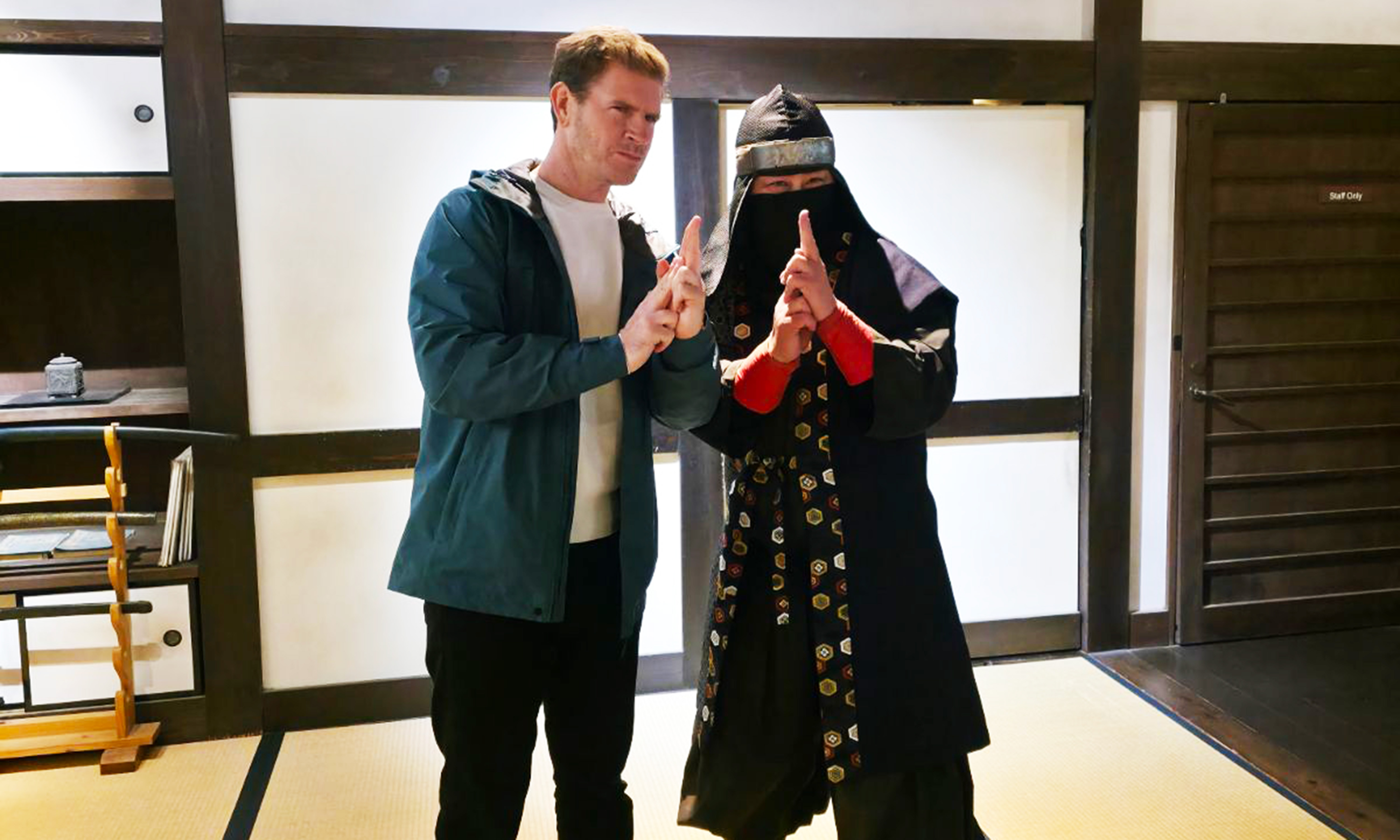 Sam Mac and an ninja performer at the new Toei Kyoto Studio ParkClick theme park in Kyoto.
