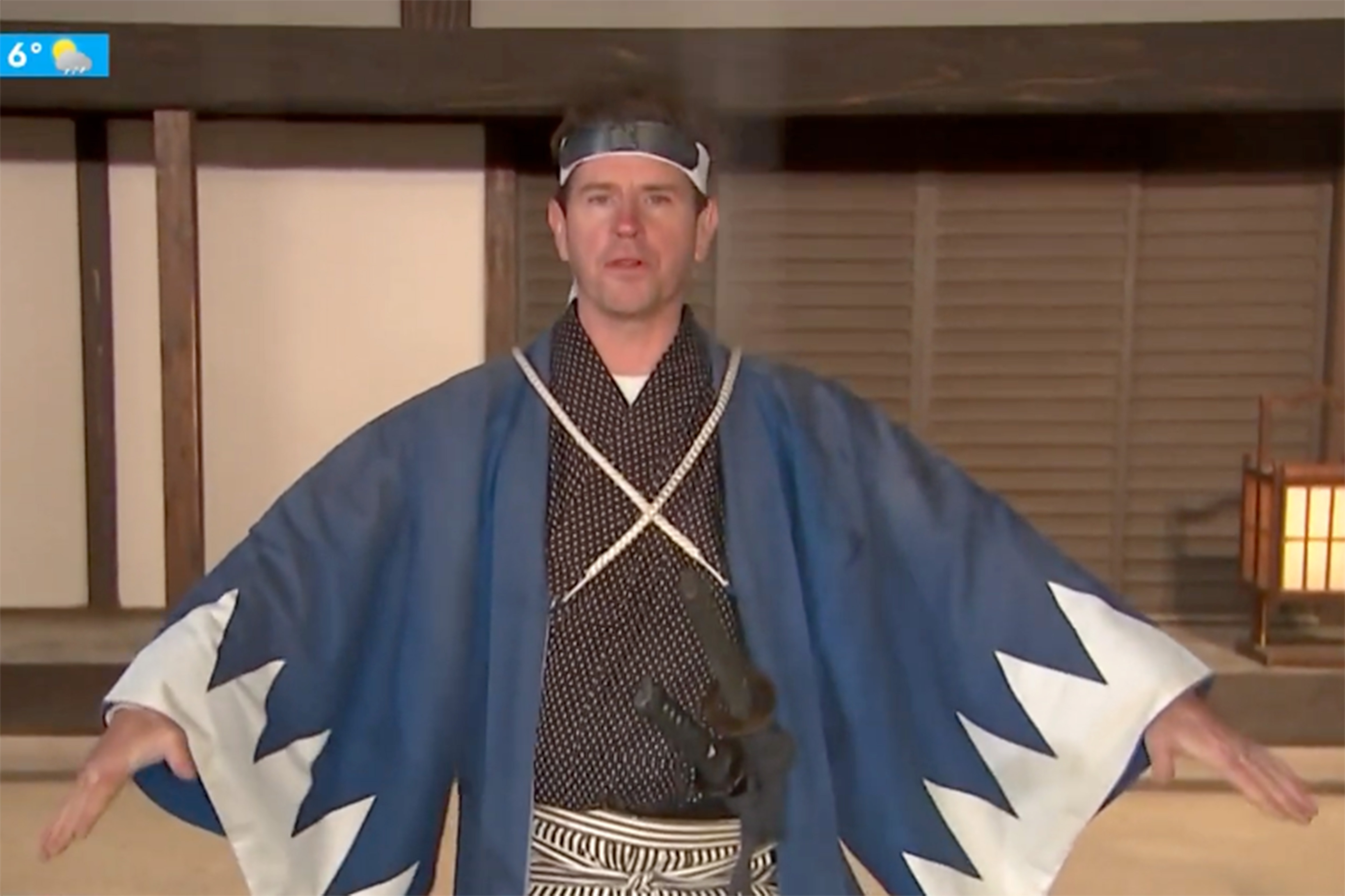 Sunrise weather man Sam Mac wore a traditional Edo-era policeman uniform for Wednesday's broadcast.